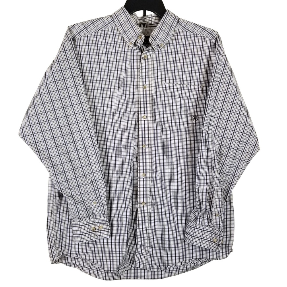 Ariat Pro Series Mens XL Blue Brown Plaid Long Sleeve Button Down Western Shirt